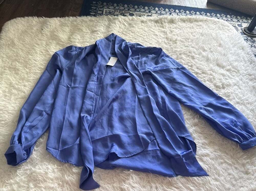 Ann Taylor Blue Floral Tie-neck Long Sleeve Blouse